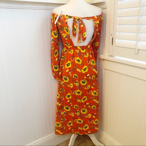 ASOS Tangerine Orange Floral Off Shoulder Midi Dress Size 0 - Picture 2 of 8